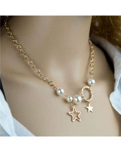 Artificial Pearl and Star Pendants Golden Chain U.S. High Fashion Women Necklace