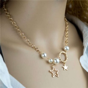 Artificial Pearl and Star Pendants Golden Chain U.S. High Fashion Women Necklace