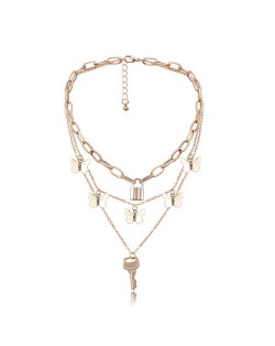 Golden Key and Lock Combo Multiple Layers Bold Chain Women Alloy Fashion Statement Necklace