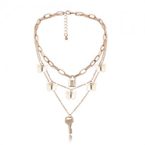 Golden Key and Lock Combo Multiple Layers Bold Chain Women Alloy Fashion Statement Necklace
