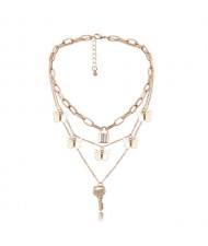 Golden Key and Lock Combo Multiple Layers Bold Chain Women Alloy Fashion Statement Necklace
