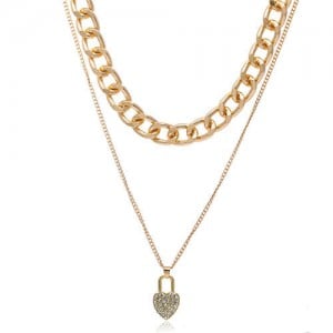Rhinestone Inlaid Heart Lock Pendant Dual Layers Women Fashion Costume Necklace
