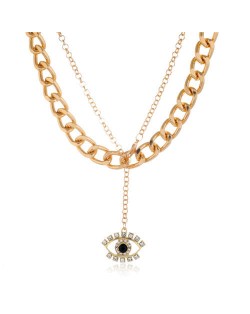 Creative Rhinestone Eye Pendant Dual Layers Chain High Fashion Women Costume Necklace