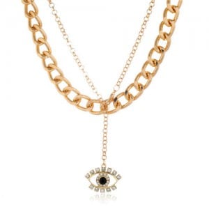 Creative Rhinestone Eye Pendant Dual Layers Chain High Fashion Women Costume Necklace