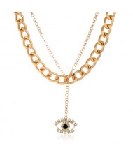 Creative Rhinestone Eye Pendant Dual Layers Chain High Fashion Women Costume Necklace