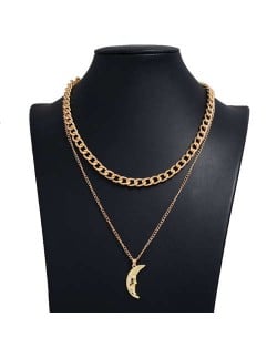 Golden Moon Pendant Dual Layers Hip Hop Fashion Alloy Necklace