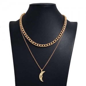 Golden Moon Pendant Dual Layers Hip Hop Fashion Alloy Necklace