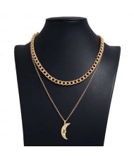 Golden Moon Pendant Dual Layers Hip Hop Fashion Alloy Necklace