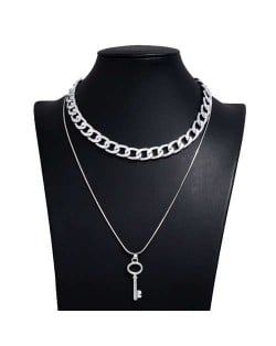 Vintage Key Pendant Dual Layers Bold Fashion Women Alloy Costume Necklace - Silver