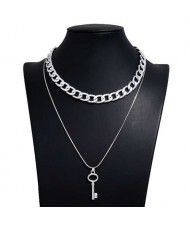 Vintage Key Pendant Dual Layers Bold Fashion Women Alloy Costume Necklace - Silver