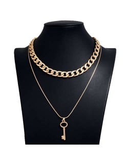 Vintage Key Pendant Dual Layers Bold Fashion Women Alloy Costume Necklace - Golden