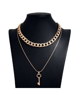 Vintage Key Pendant Dual Layers Bold Fashion Women Alloy Costume Necklace - Golden