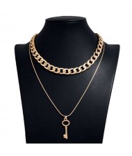 Vintage Key Pendant Dual Layers Bold Fashion Women Alloy Costume Necklace - Golden