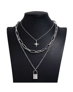 Star and Lock Pendant Triple Layers U.S. High Fashion Women Alloy Costume Necklace - Silver