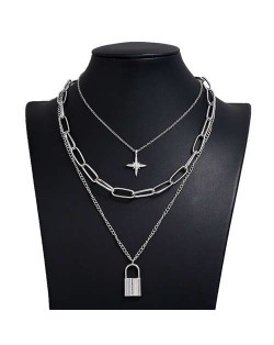 Star and Lock Pendant Triple Layers U.S. High Fashion Women Alloy Costume Necklace - Silver