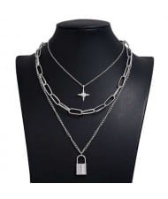 Star and Lock Pendant Triple Layers U.S. High Fashion Women Alloy Costume Necklace - Silver