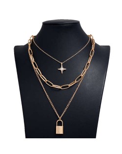 Star and Lock Pendant Triple Layers U.S. High Fashion Women Alloy Costume Necklace - Golden
