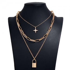 Star and Lock Pendant Triple Layers U.S. High Fashion Women Alloy Costume Necklace - Golden