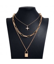 Star and Lock Pendant Triple Layers U.S. High Fashion Women Alloy Costume Necklace - Golden