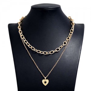 Rhinestone Eye Heart Pendant Dual Layers U.S. High Fashion Women Alloy Costume Necklace