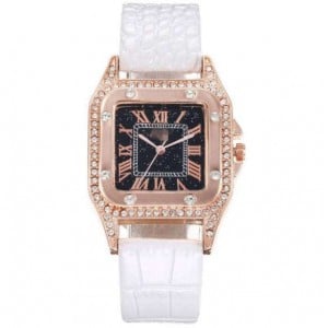 5 Colors Available Rhinestone Inlaid Square Shape Roman Numeral Index Women PU Wrist Watch