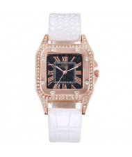 5 Colors Available Rhinestone Inlaid Square Shape Roman Numeral Index Women PU Wrist Watch
