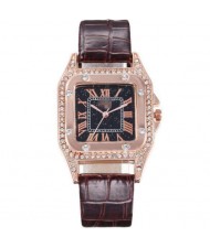 5 Colors Available Rhinestone Inlaid Square Shape Roman Numeral Index Women PU Wrist Watch