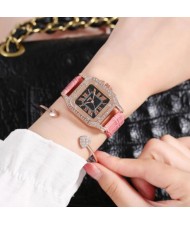 5 Colors Available Rhinestone Inlaid Square Shape Roman Numeral Index Women PU Wrist Watch