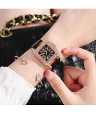 5 Colors Available Rhinestone Inlaid Square Shape Roman Numeral Index Women PU Wrist Watch