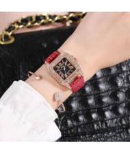 5 Colors Available Rhinestone Inlaid Square Shape Roman Numeral Index Women PU Wrist Watch