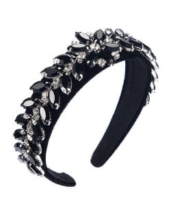 U.S. High Fashion Leaves Rhinestone Velvet Bejeweled Headband - Black