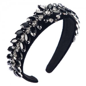 U.S. High Fashion Leaves Rhinestone Velvet Bejeweled Headband - Black