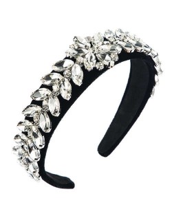 U.S. High Fashion Leaves Rhinestone Velvet Bejeweled Headband - White