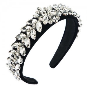 U.S. High Fashion Leaves Rhinestone Velvet Bejeweled Headband - White