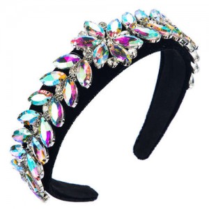 U.S. High Fashion Leaves Rhinestone Velvet Bejeweled Headband - Multicolor