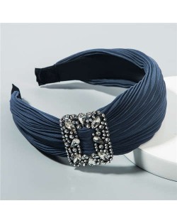 Rhinestone Buckle Decorated Pleated Cloth Korean Fashion Women Headband - Ink Blue