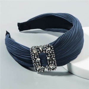 Rhinestone Buckle Decorated Pleated Cloth Korean Fashion Women Headband - Ink Blue