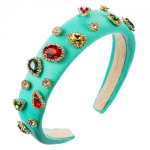 Multicolor Gems Embellished Sponge Women Bejeweled Headband - Lake Blue