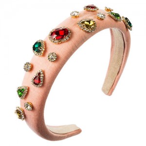 Multicolor Gems Embellished Sponge Women Bejeweled Headband - Pink