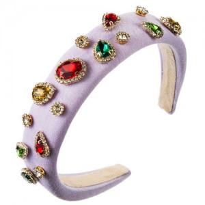 Multicolor Gems Embellished Sponge Women Bejeweled Headband - Violet