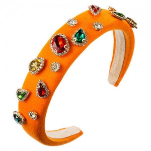 Multicolor Gems Embellished Sponge Women Bejeweled Headband - Orange