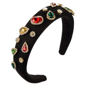 Multicolor Gems Embellished Sponge Women Bejeweled Headband - Black