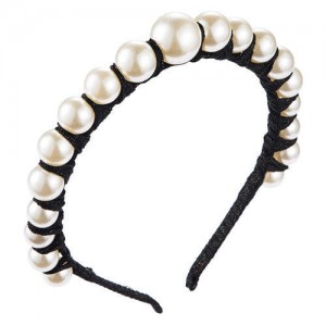 Pearl Embellished Thin Style Elegant Women Hair Hoop - Black