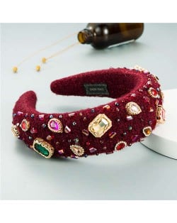 Assorted Glass Gems Embellished Knitting Flannel Women Headband - Red