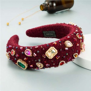 Assorted Glass Gems Embellished Knitting Flannel Women Headband - Red
