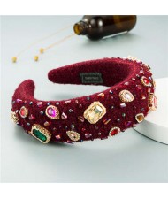 Assorted Glass Gems Embellished Knitting Flannel Women Headband - Red