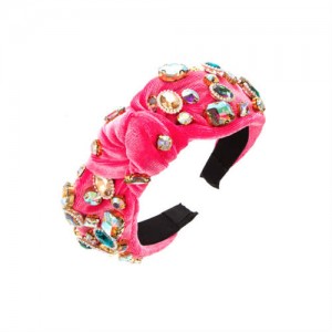 Assorted Glass Gems Embellished Knitting Flannel Women Headband - Red