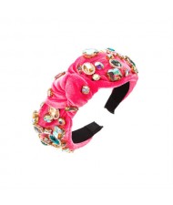 Assorted Glass Gems Embellished Knitting Flannel Women Headband - Red