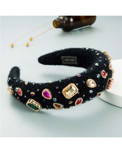 Assorted Glass Gems Embellished Knitting Flannel Women Headband - Black