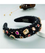 Assorted Glass Gems Embellished Knitting Flannel Women Headband - Black